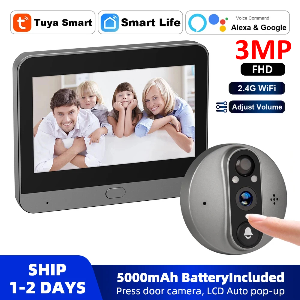 3MP WiFi Smart Tuya Peephole 5 - Home Security Doorbell Camera 评论和价格